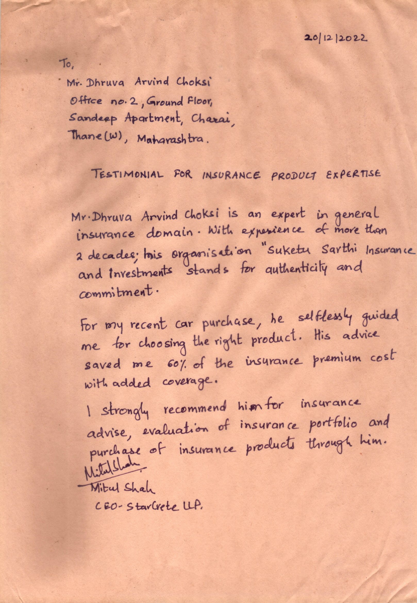 Testimonial letter from Mitul Shah, StarCrete LLP